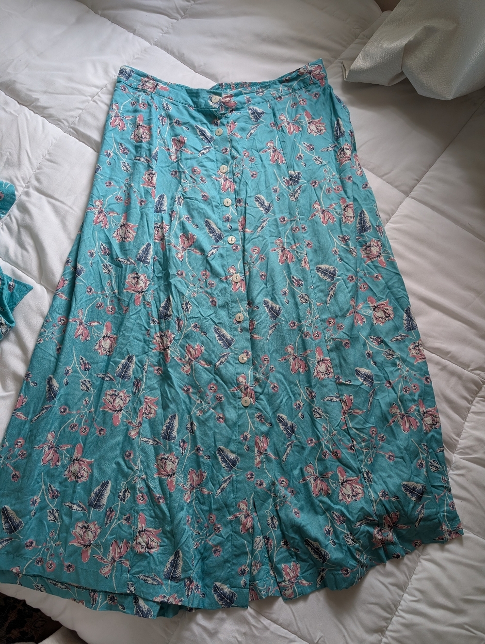 Blair Turquoise Floral Button-Front Midi Skirt & Button Down Top Set Size Large